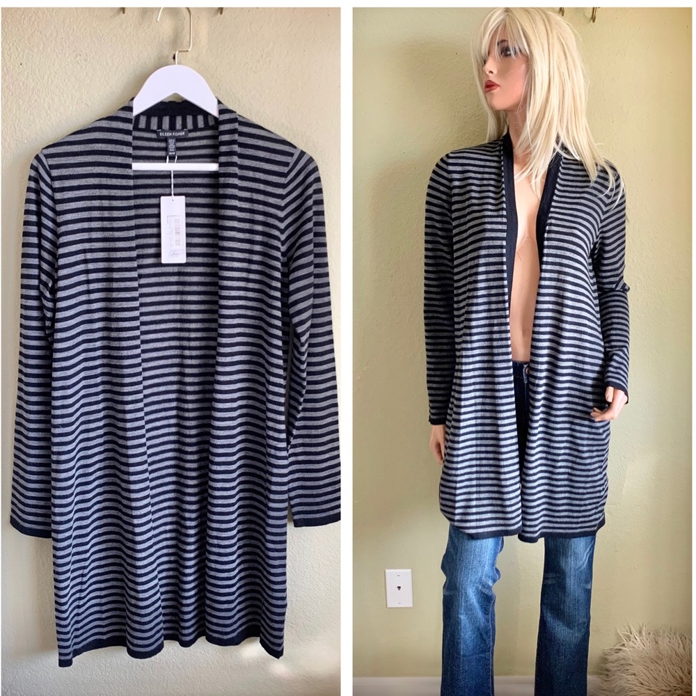NWT EILEEN FISHER Striped Wool Open Cardigan - Picture 1 of 7